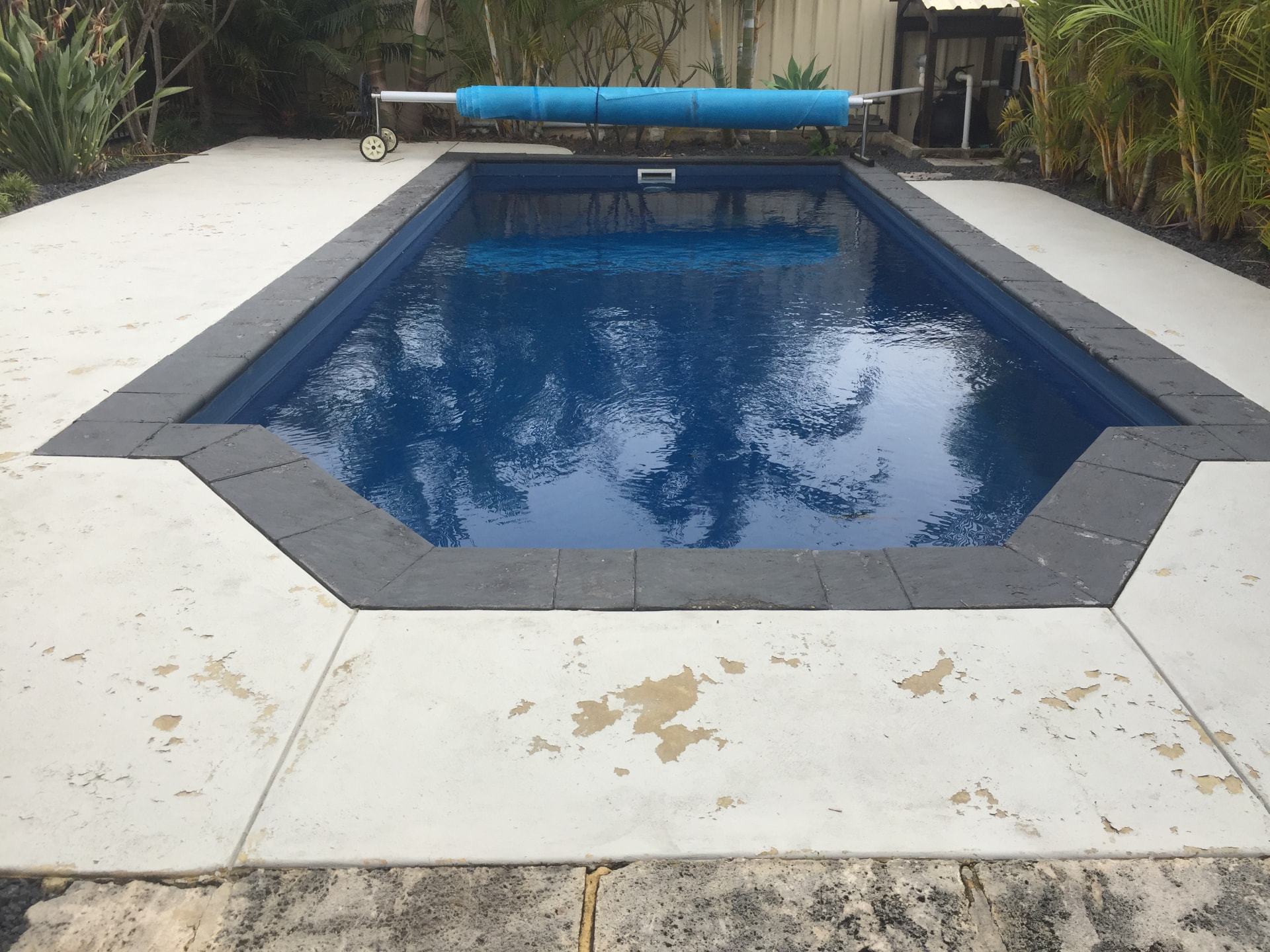 Worn, patchy white painted concrete pool surround with flaking sealer before spray-on resurfacing