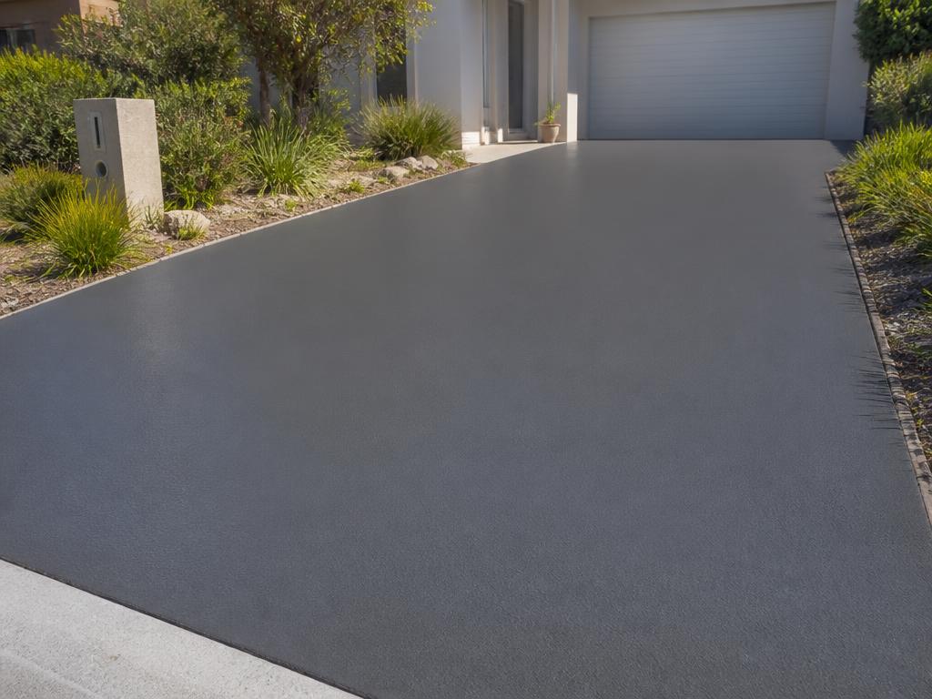 Plain spray-on concrete finish on a residential driveway - an even charcoal colour with a sealed satin finish and no pattern